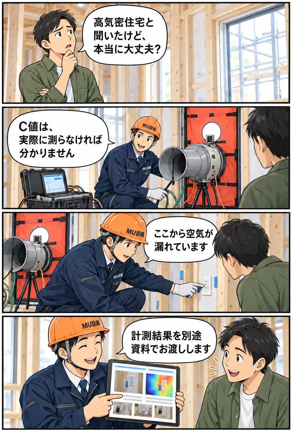 気密測定でC値と空気の漏れを確認し、計測結果を資料でお渡しする流れを紹介する漫画